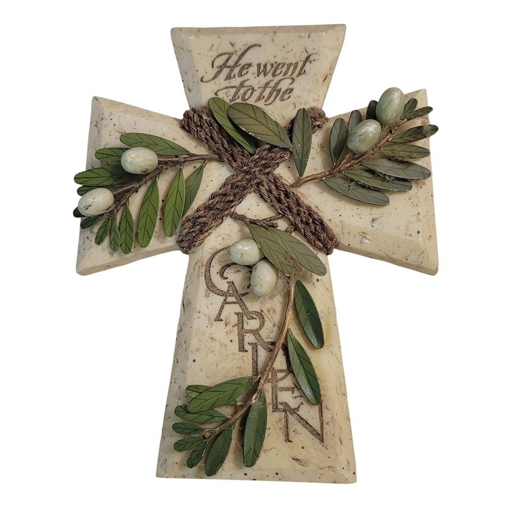 He Went To The Garden Wall Cross Olive Branch Resin Stone Decor 6.5" Cream 2003